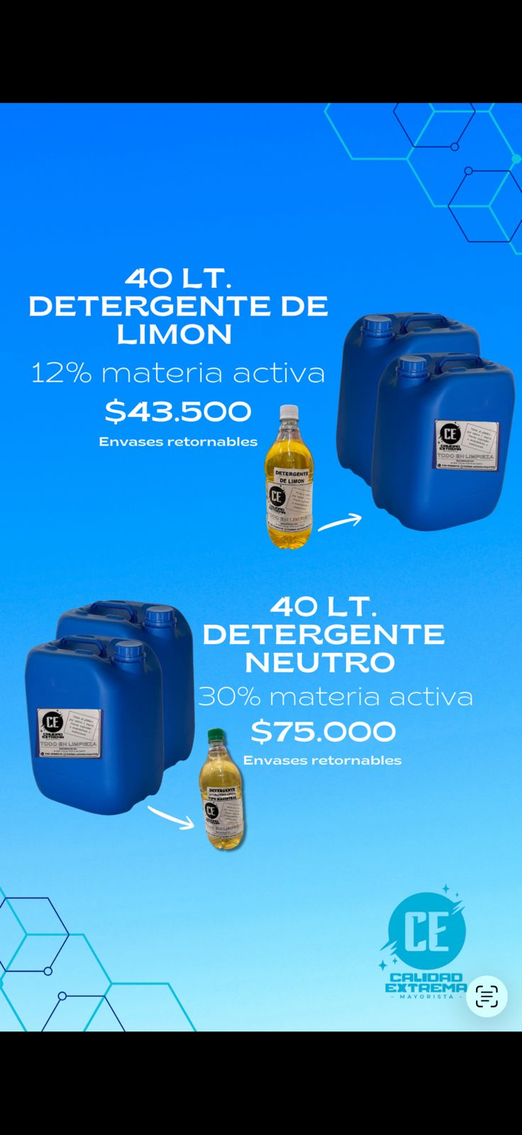 40 LT DE DETERGENTE LIMON / ENVASES RETORNABLES - foto 2